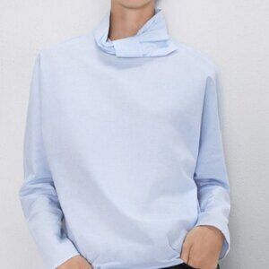 Blue Zara Long Sleeve Bow Neck Blouse Top (NWT)